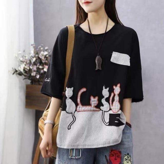 Cartoon Cat Loose Casual T-Shirts dylinoshop