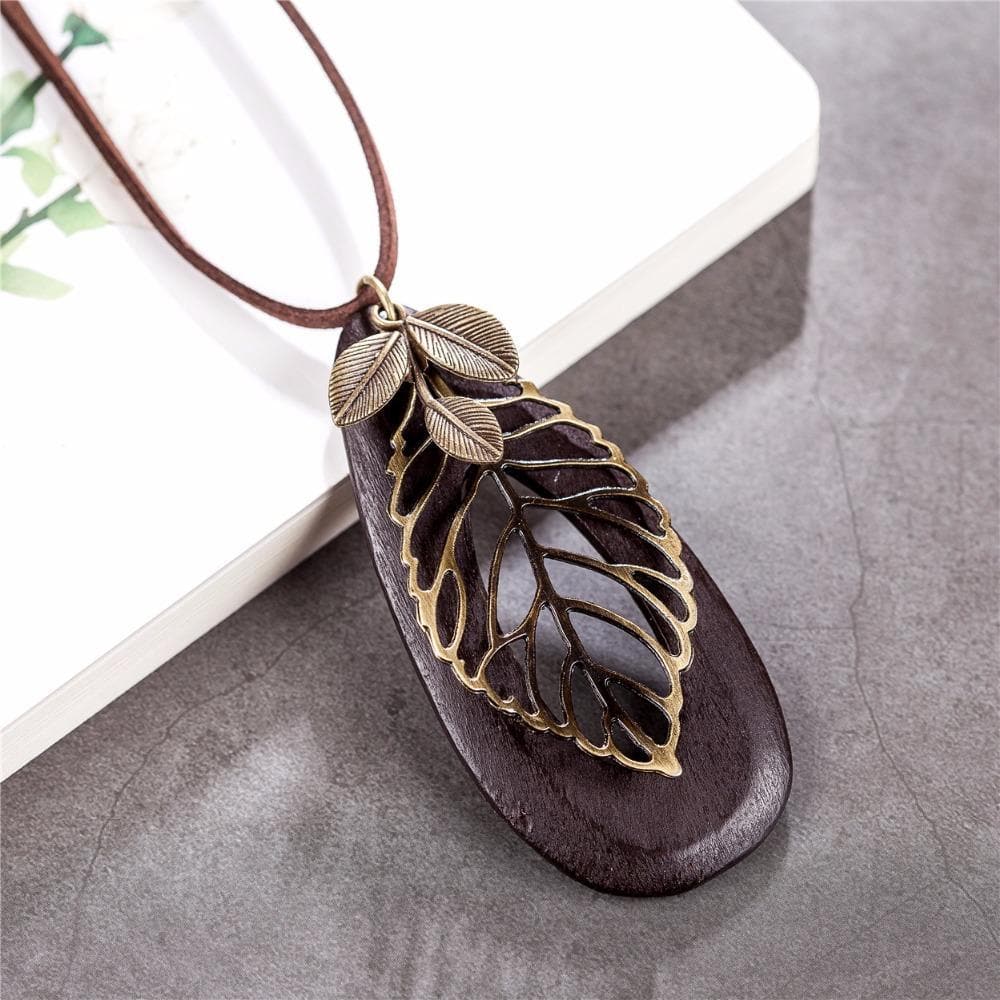 Geometric Leaf Wooden Pendant Necklace dylinoshop