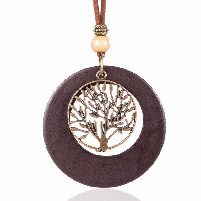 Life Tree Geometric Wooden Pendant Necklace dylinoshop