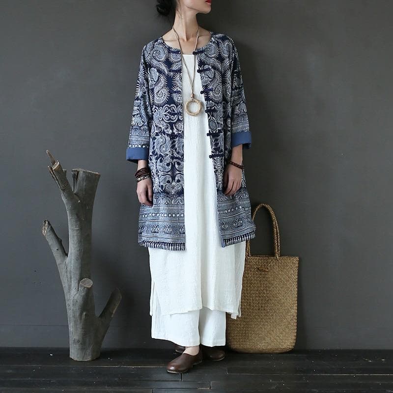 Blue and White Long Linen Cardigan dylinoshop