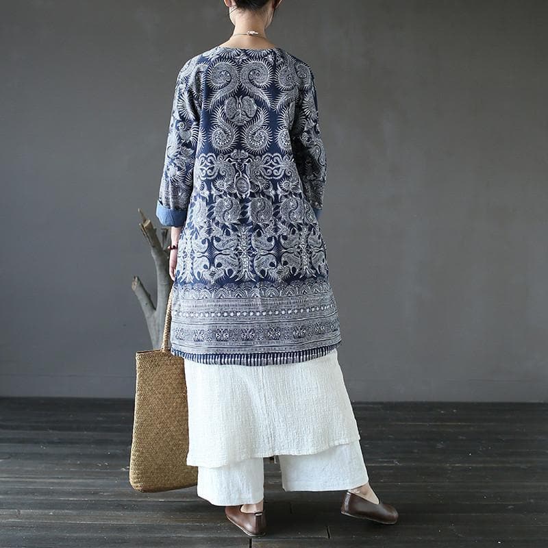 Blue and White Long Linen Cardigan dylinoshop