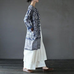 Blue and White Long Linen Cardigan dylinoshop