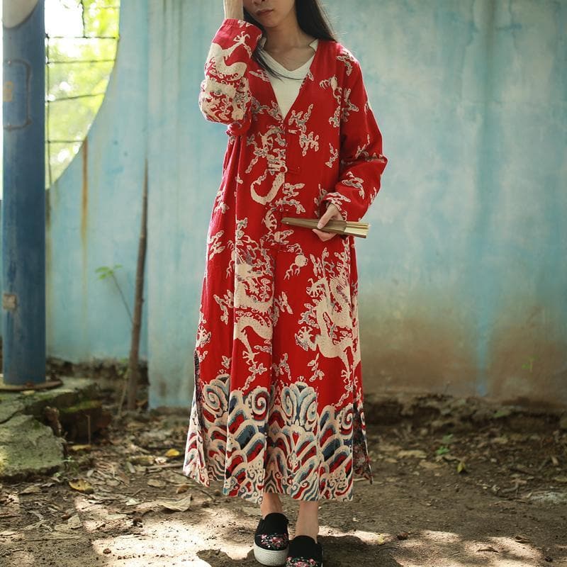 Chinese Dragon Cotton Linen Long Cardigan dylinoshop