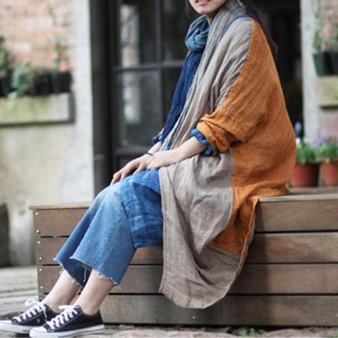 Linen Patchwork Long Cardigan | Lotus dylinoshop