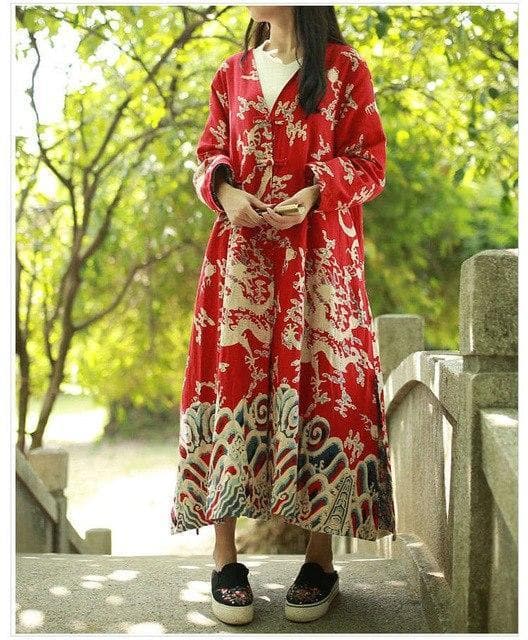 Chinese Dragon Cotton Linen Long Cardigan dylinoshop