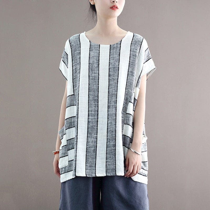 Cotton and Linen Oversized Striped T-Shirt dylinoshop