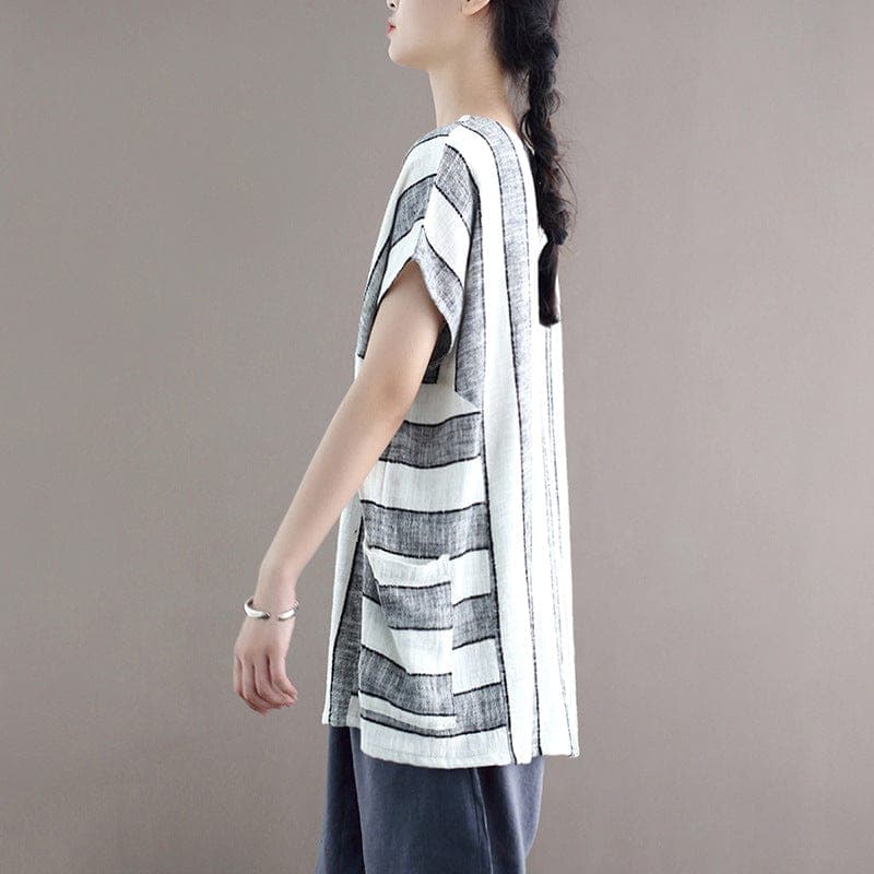 Cotton and Linen Oversized Striped T-Shirt dylinoshop