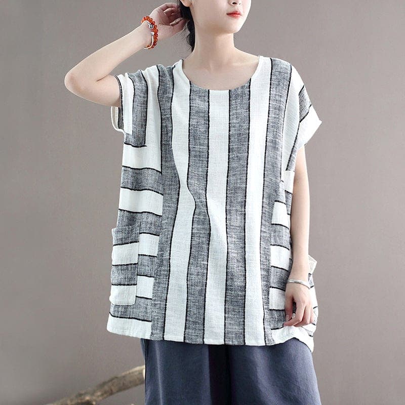 Cotton and Linen Oversized Striped T-Shirt dylinoshop