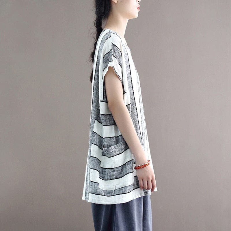 Cotton and Linen Oversized Striped T-Shirt dylinoshop