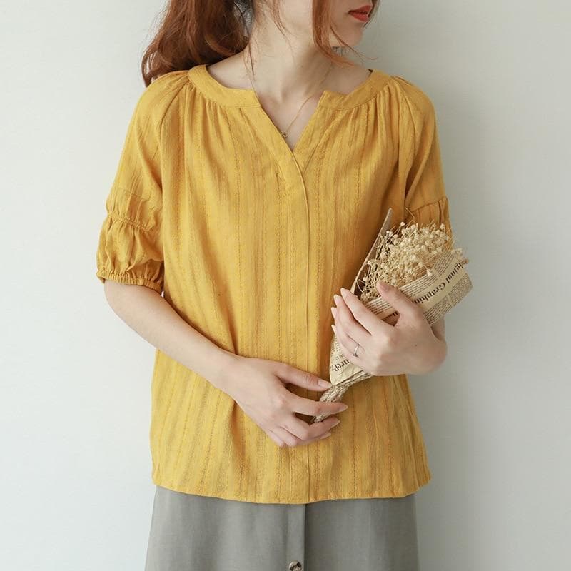 Cotton and Linen V Neck T-Shirt Blouse dylinoshop