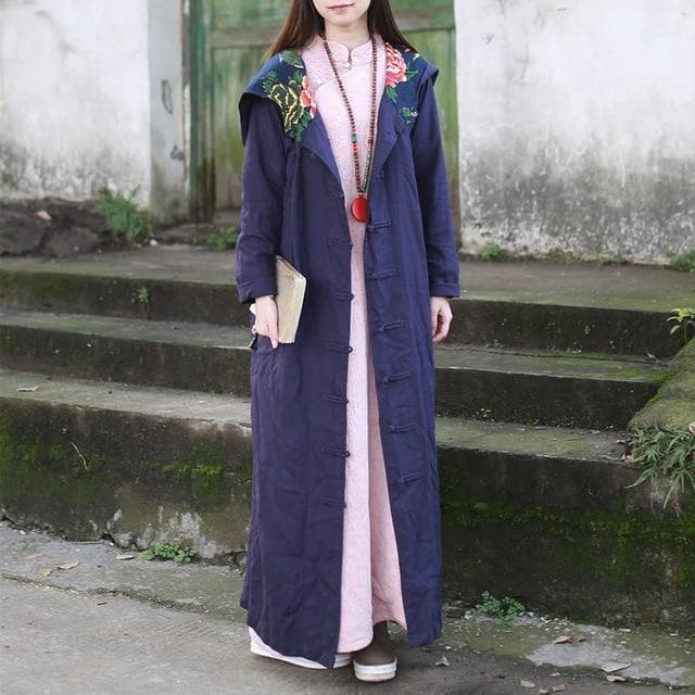 Floral Patchwork Hooded Linen Trench Coat dylinoshop