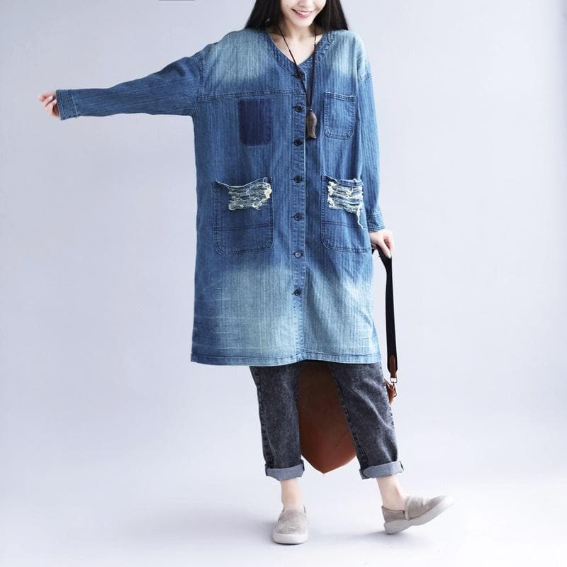 Distressed Long Denim Coat dylinoshop