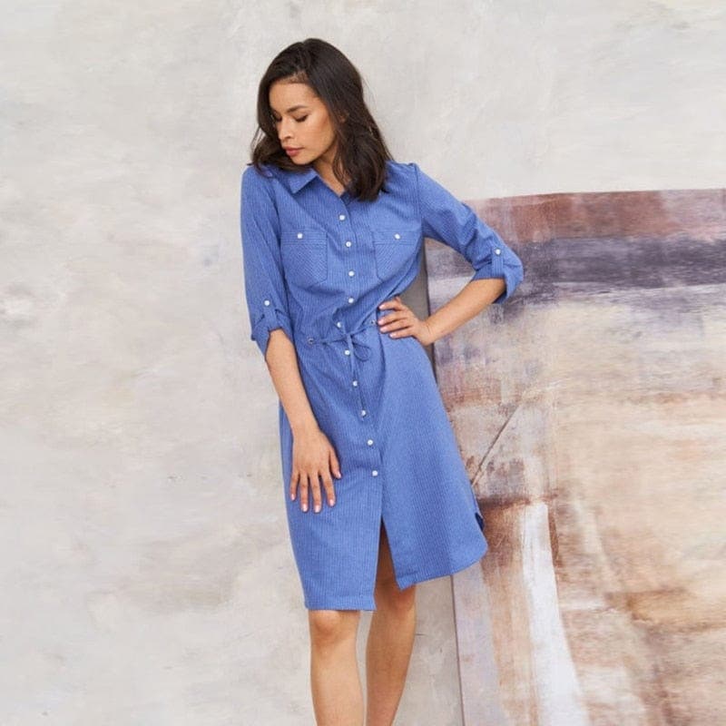 3/4 sleeves Blue Shirt Dress dylinoshop