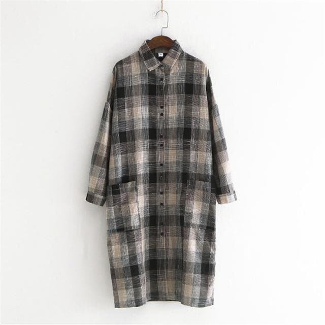 Casual Plaid Linen Shirt Dress dylinoshop