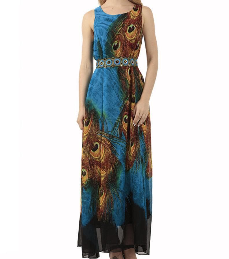 Blue Peacock Chiffon Boho Maxi Dress dylinoshop