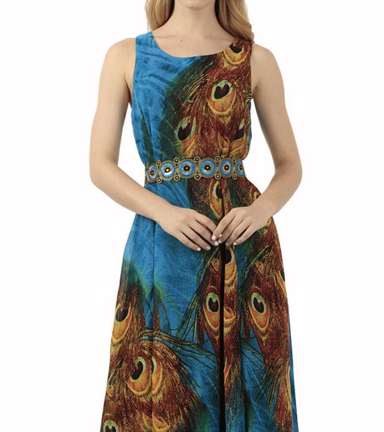 Blue Peacock Chiffon Boho Maxi Dress dylinoshop