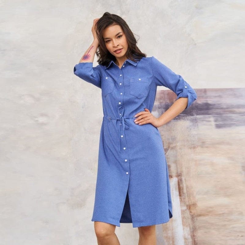 3/4 sleeves Blue Shirt Dress dylinoshop