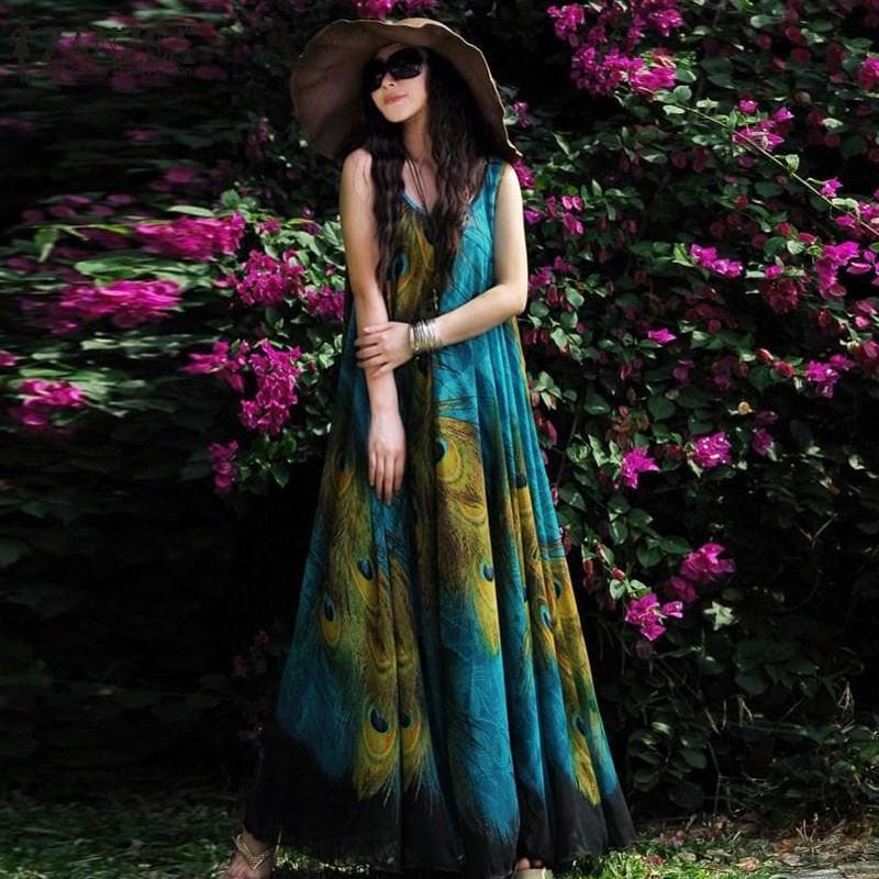 Blue Peacock Chiffon Boho Maxi Dress dylinoshop