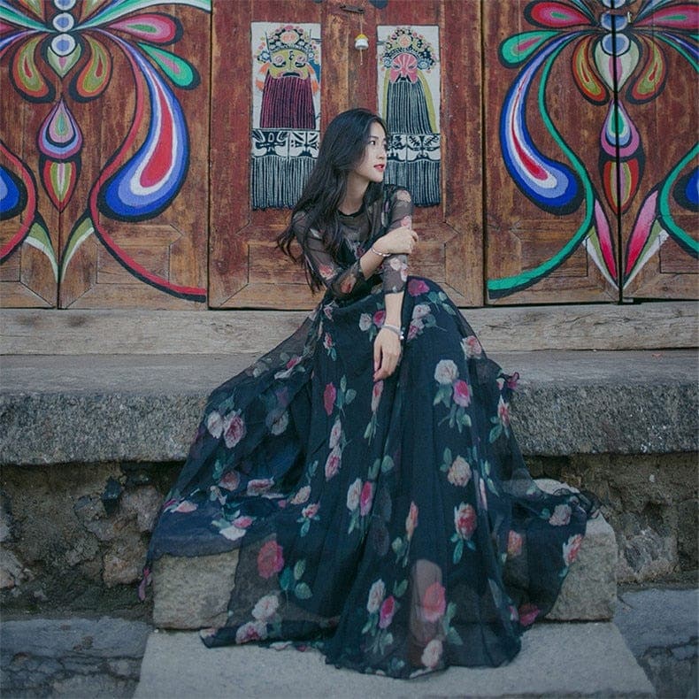 Boho Chic Black Floral Chiffon Maxi Dress | Mandala dylinoshop