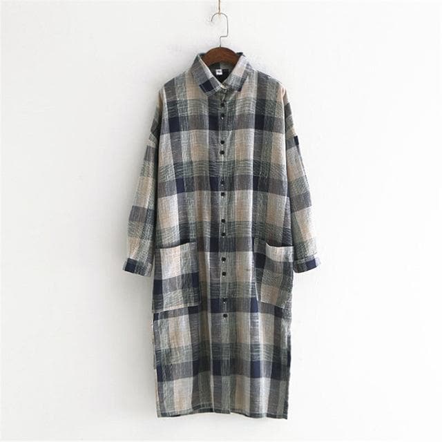 Casual Plaid Linen Shirt Dress dylinoshop