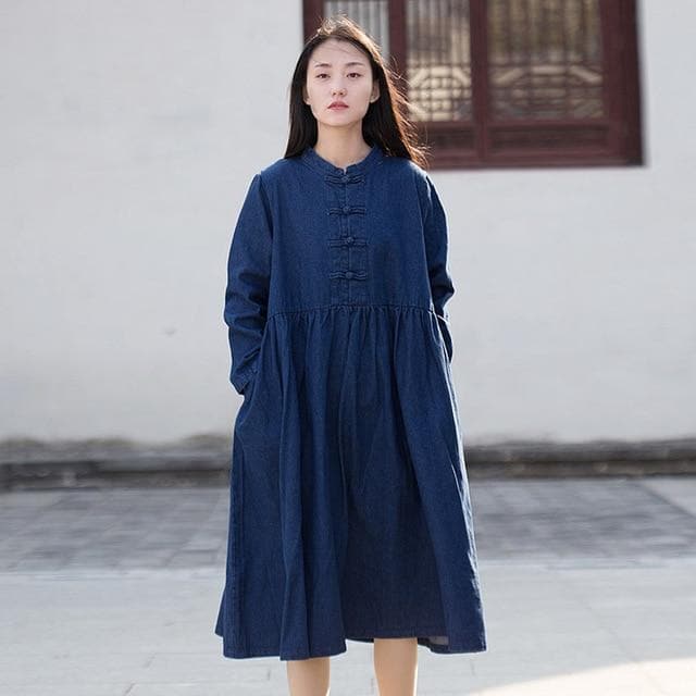 Long Sleeve Mandarin Denim Midi Dress  | Zen dylinoshop