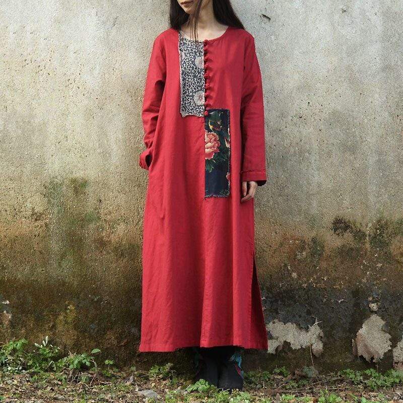 Folk Style Patchwork Linen Dress dylinoshop