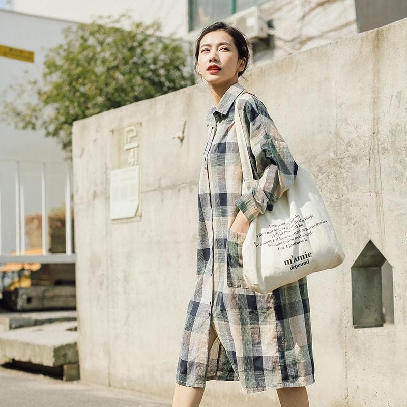 Casual Plaid Linen Shirt Dress dylinoshop