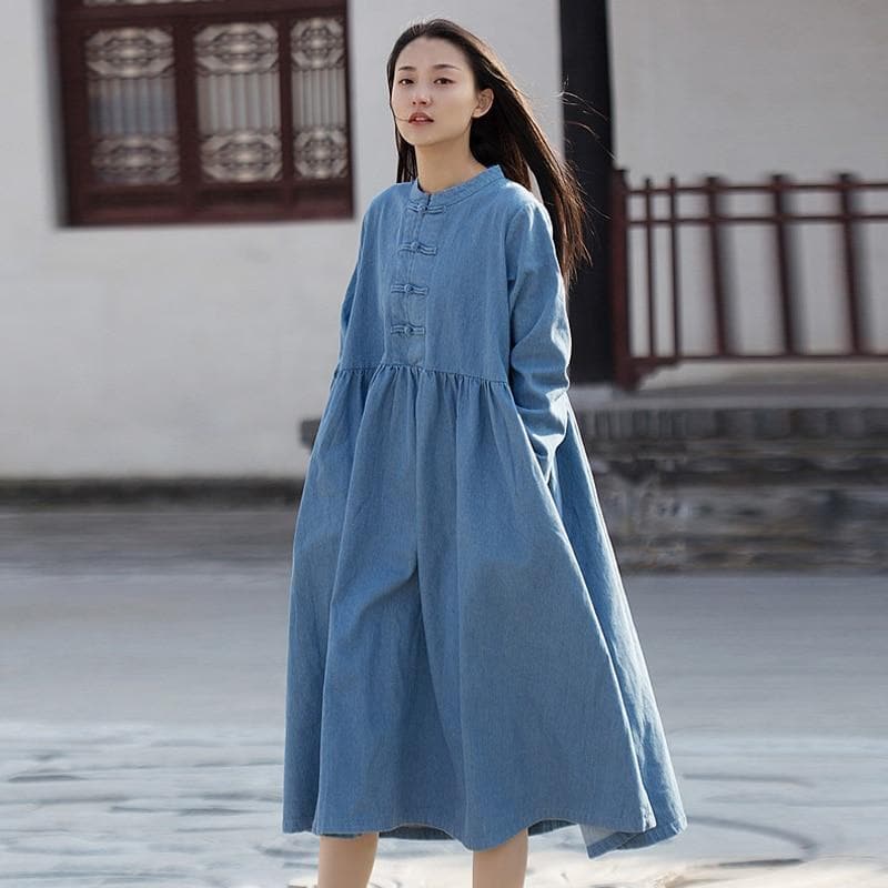 Long Sleeve Mandarin Denim Midi Dress  | Zen dylinoshop