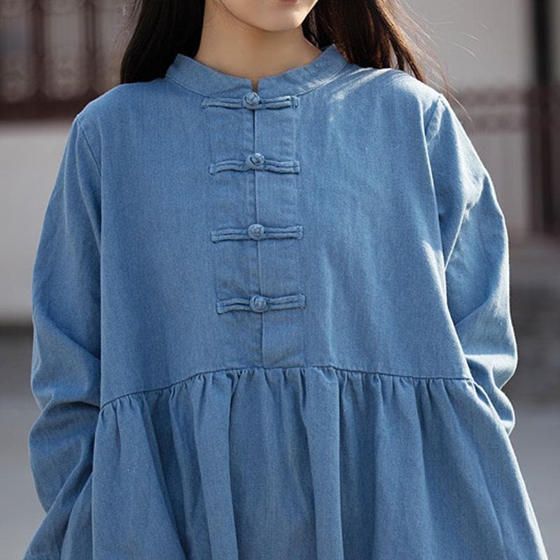 Long Sleeve Mandarin Denim Midi Dress  | Zen dylinoshop