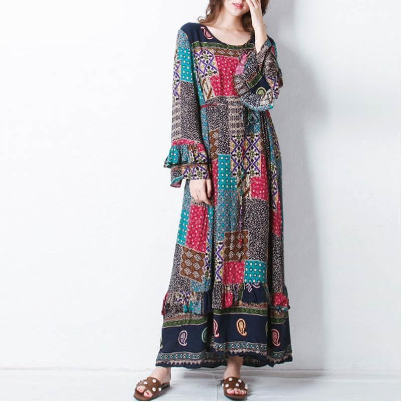 Long Sleeves Floral Patchwork Hippie Dress dylinoshop