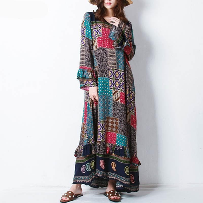 Long Sleeves Floral Patchwork Hippie Dress dylinoshop