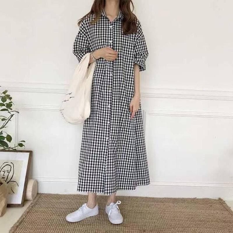 Loose Oversized Plaid Shirt Dress dylinoshop