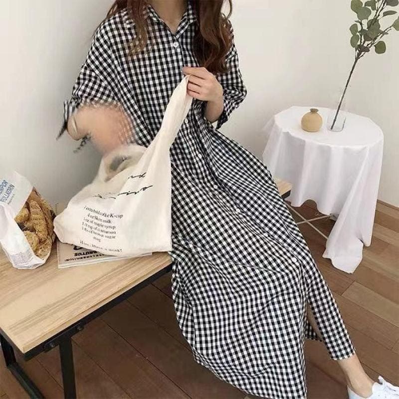 Loose Oversized Plaid Shirt Dress dylinoshop