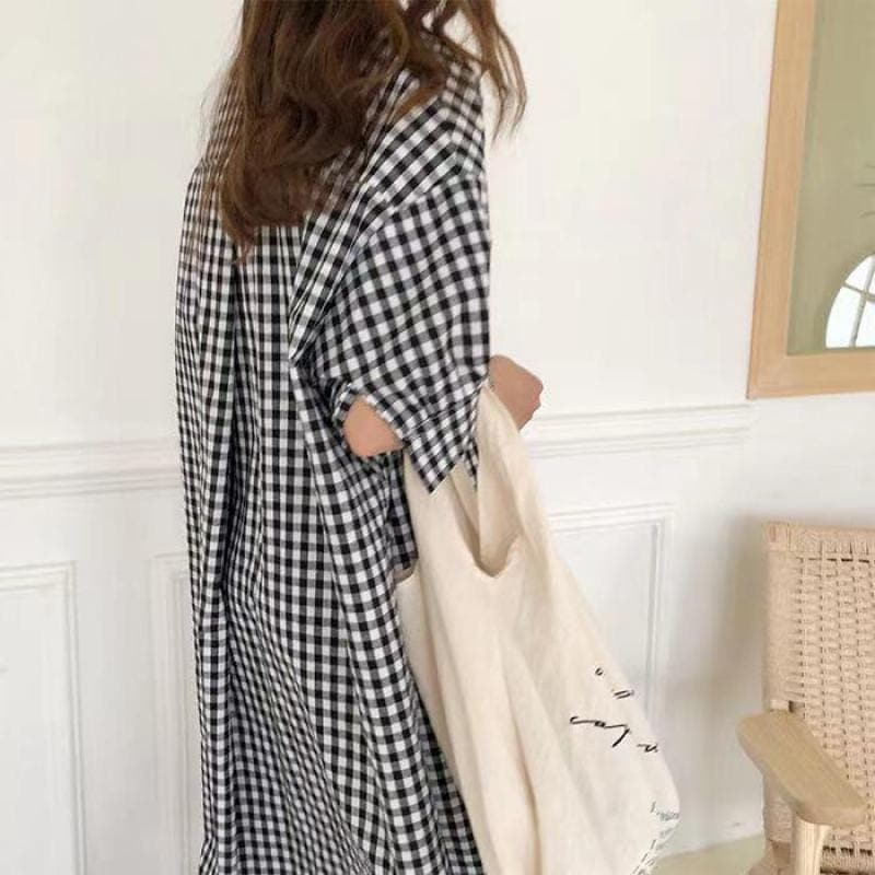 Loose Oversized Plaid Shirt Dress dylinoshop