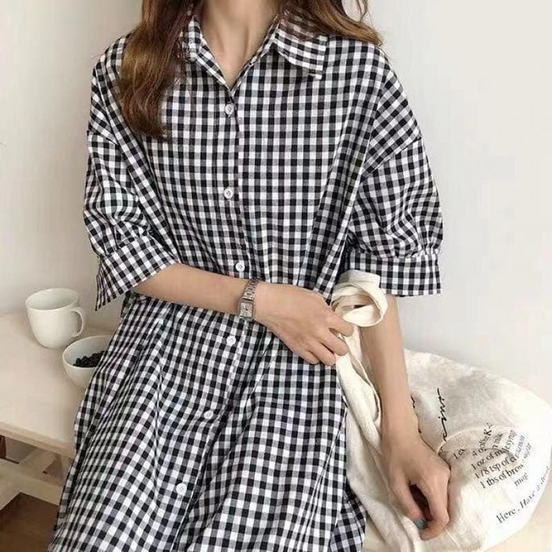 Loose Oversized Plaid Shirt Dress dylinoshop