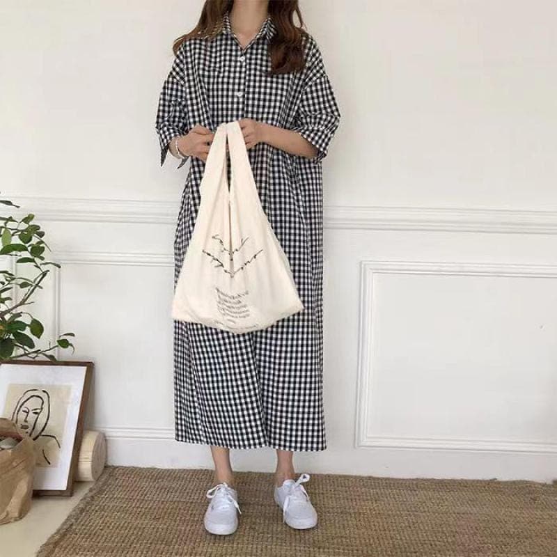 Loose Oversized Plaid Shirt Dress dylinoshop