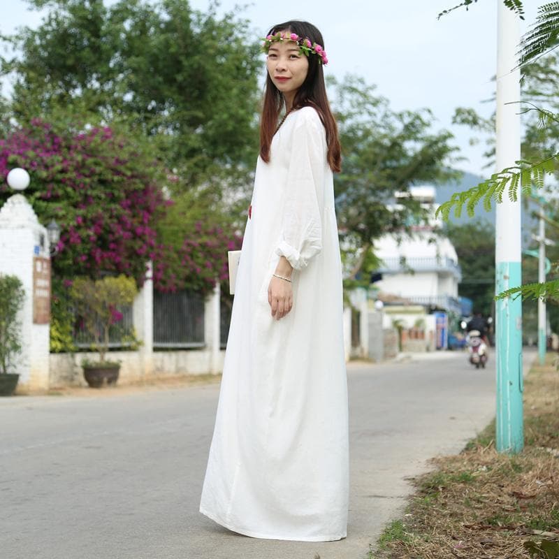 Hippie at Heart Cotton Linen White Maxi Dress  | Zen dylinoshop