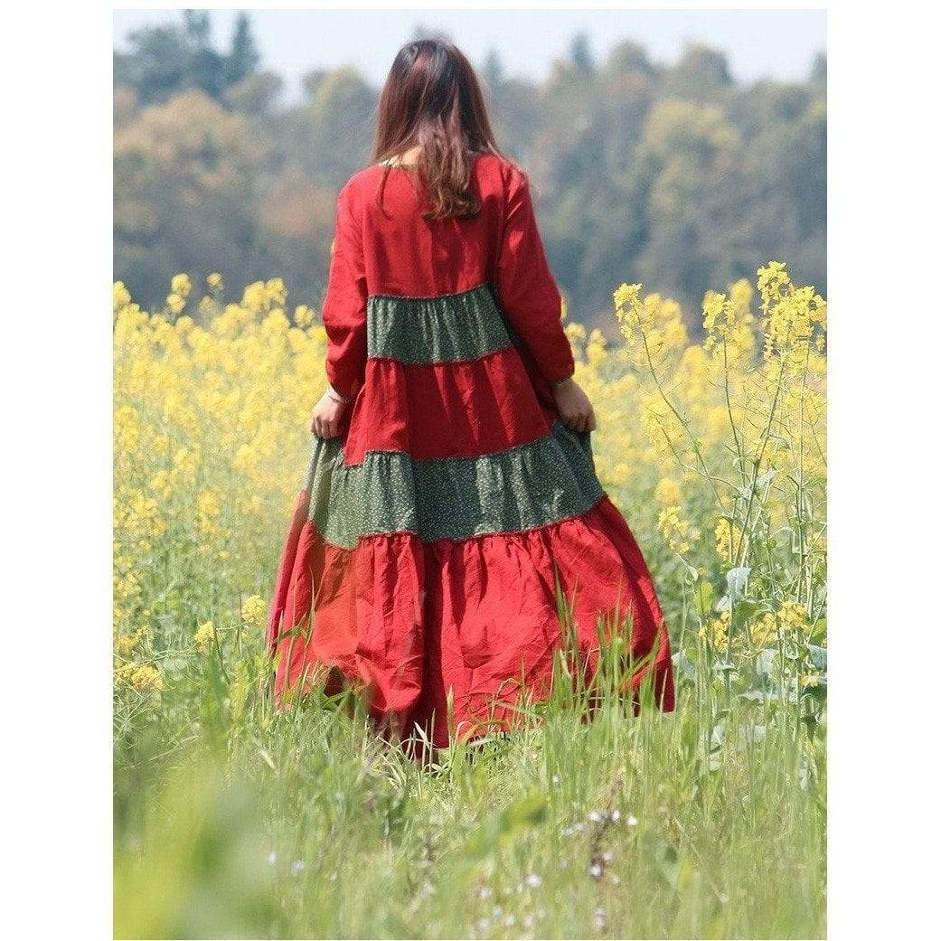 Red and Green Franfreluche Bohemian Hippie Dress Buddha Trends