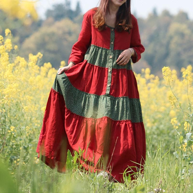 Red and Green Franfreluche Bohemian Hippie Dress Buddha Trends