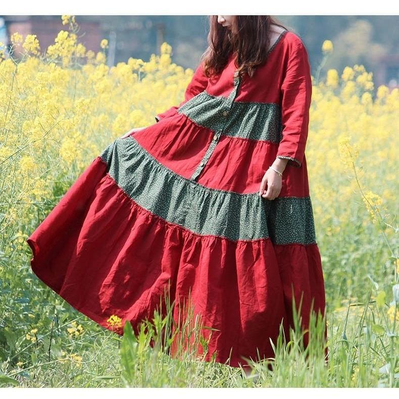 Red and Green Franfreluche Bohemian Hippie Dress Buddha Trends