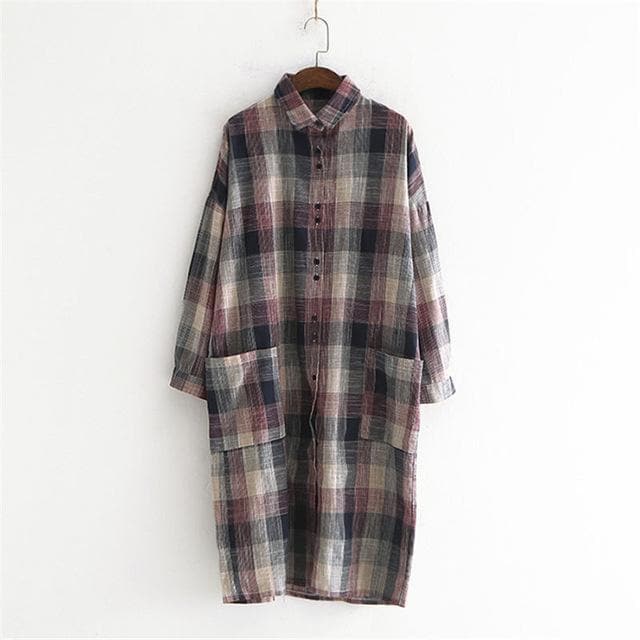 Casual Plaid Linen Shirt Dress dylinoshop