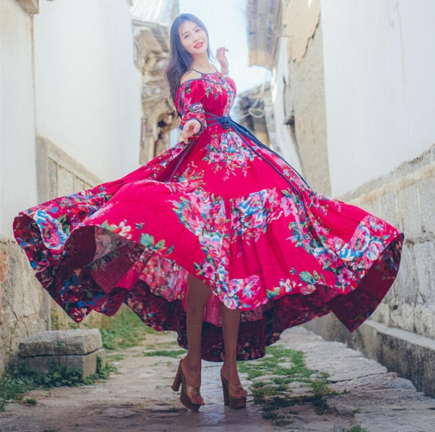 Fit and Flare Red Floral Gypsy Dress | Mandala dylinoshop