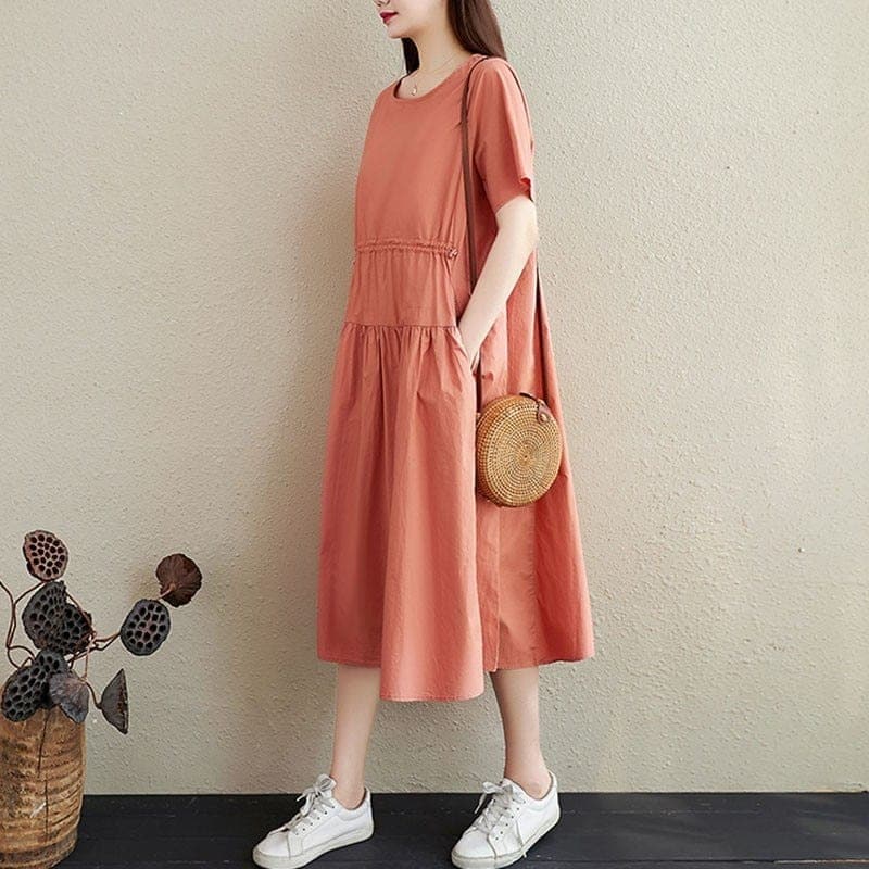 Short Sleeve Casual Cotton Midi Dress Buddha Trends