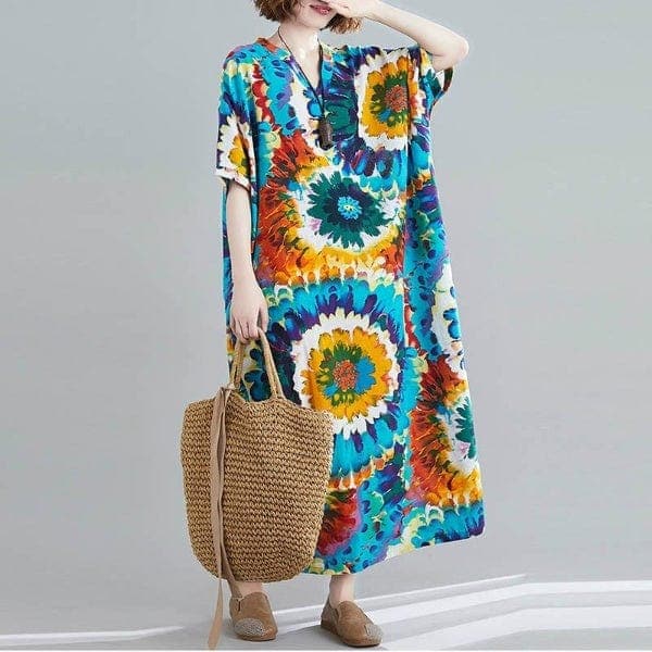 Tie-Dye Print Loose Hippie Dress Buddha Trends