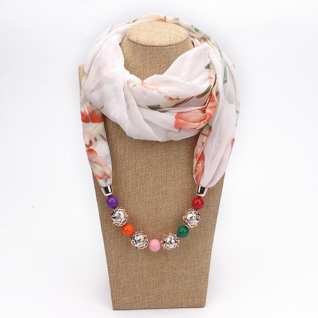 Elizabeth Floral White Chiffon Beaded Scarf Necklace dylinoshop