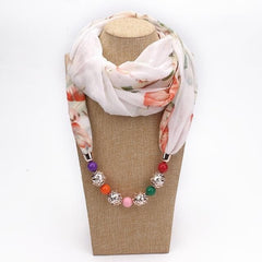 Elizabeth Floral White Chiffon Beaded Scarf Necklace dylinoshop