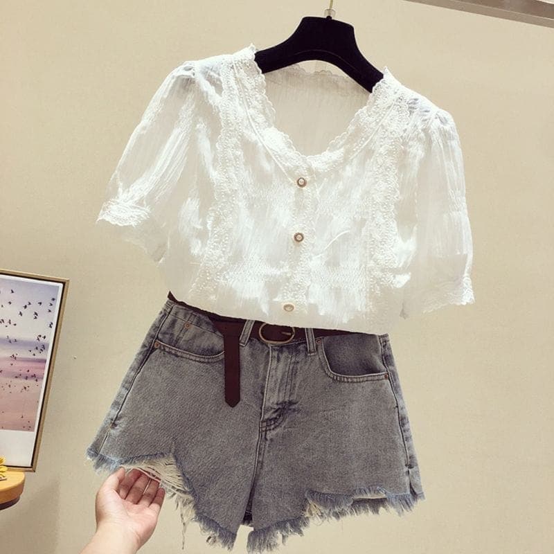 Lace Embroidered Korean T-Shirts dylinoshop