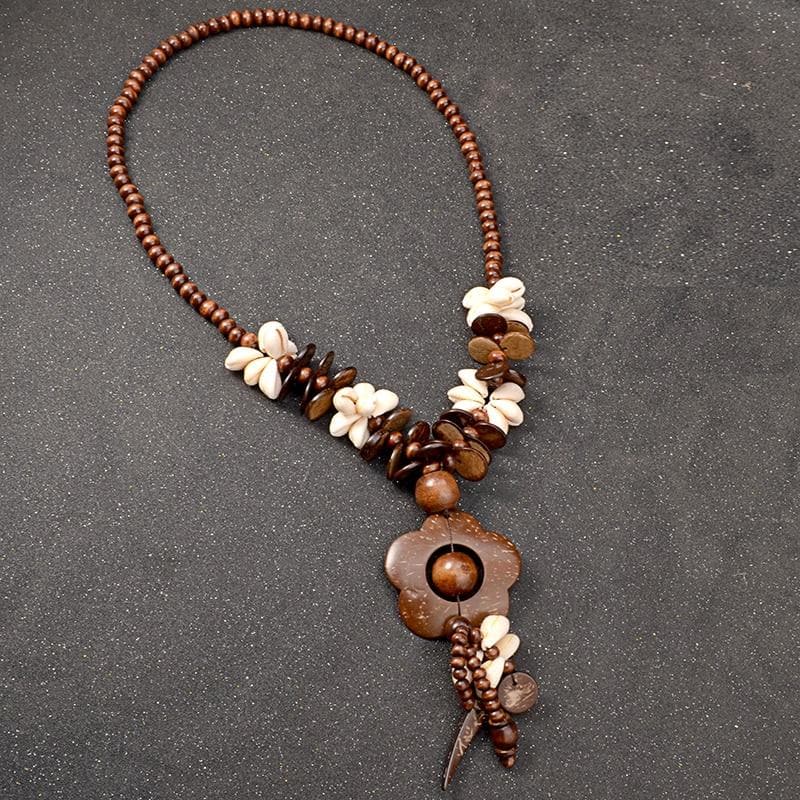 Flowers & Shells Long Wooden Statement Necklace dylinoshop