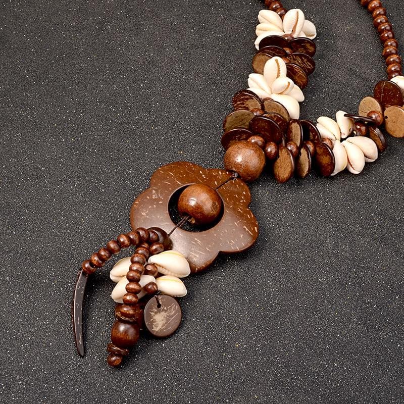 Flowers & Shells Long Wooden Statement Necklace dylinoshop