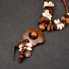 Flowers & Shells Long Wooden Statement Necklace dylinoshop